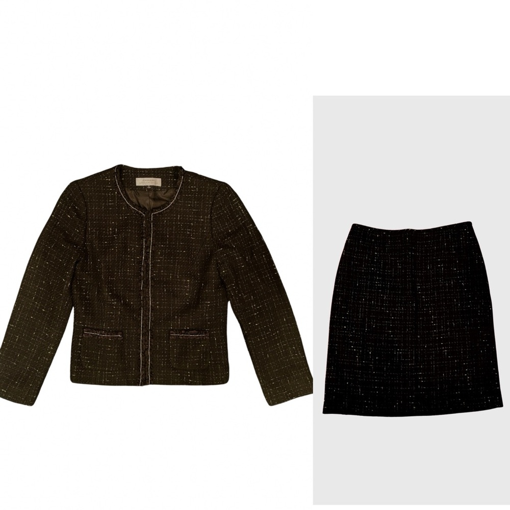 Tahari ASL 2 pc gold Thread Tweed ln black and gold Blazer Jacket with Skirt 10